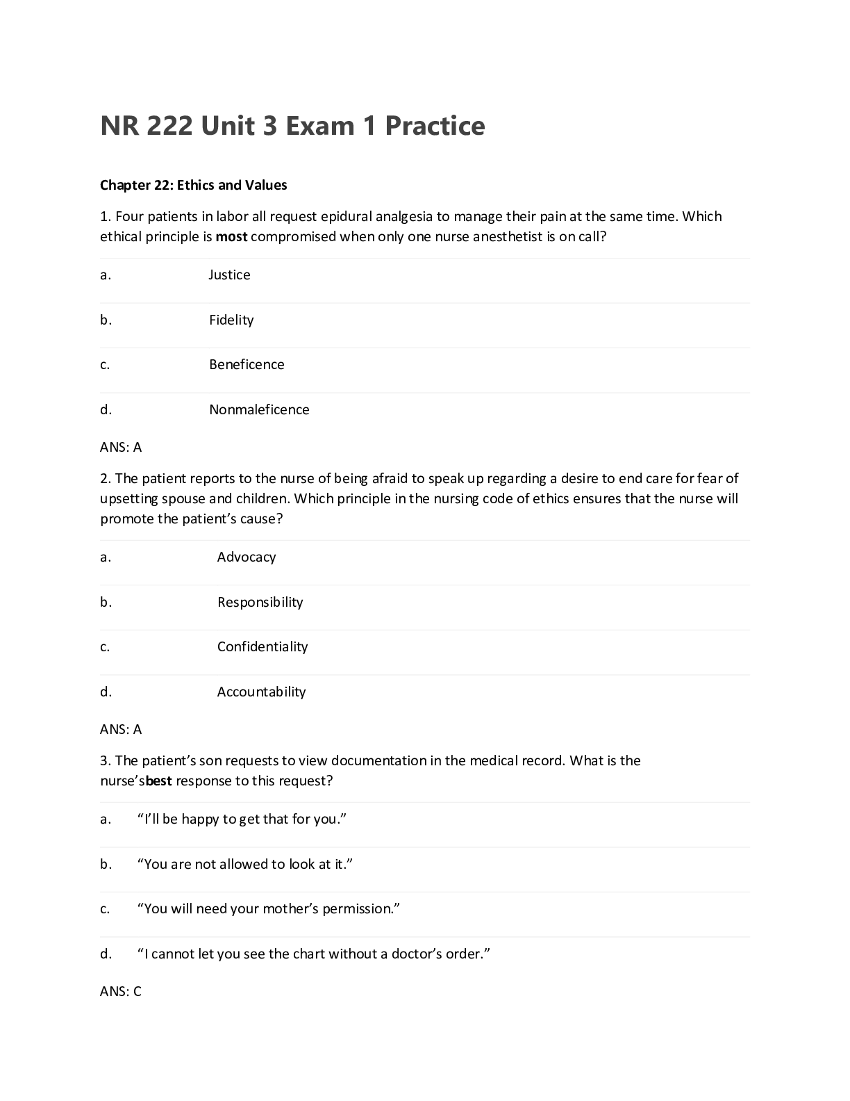 Preview of NR 222 Health And Wellness - NR 222 Unit 3 Exam 1 Practice - Chapter 22: Ethics and Values